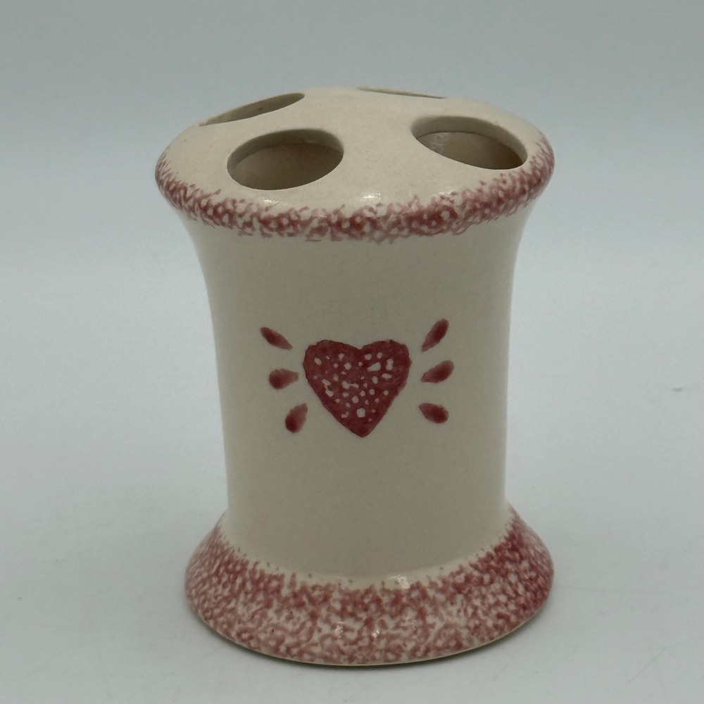 Vintage Loomco China Ceramic Toothbrush Holder Red Heart Sponge Print Farmhouse